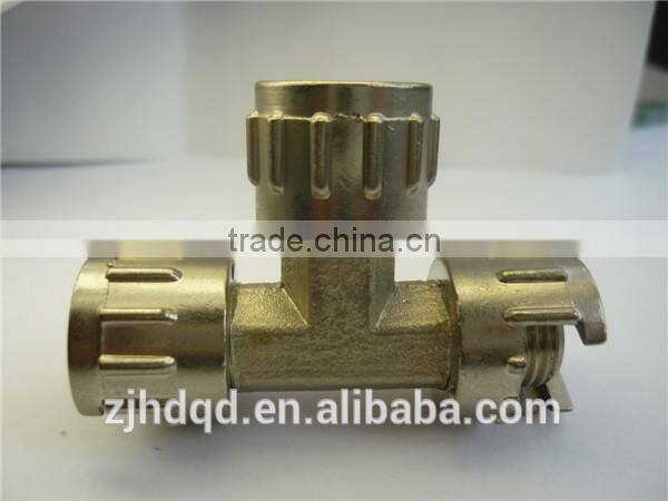 T-type connector with three milled nut (open nut ) ,high quality forged brass connector , bsp npt thread