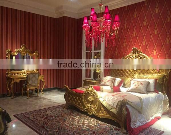 Luxury Gold Painting Royal Bed With Night Stand, Antique Solid Wood Carved Bedroom Set, Palace Design Wood Bedroom Furniture Set