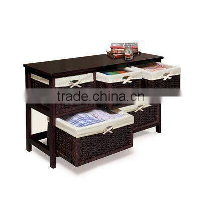 dark colored wooden furniture & cabinet with 5 wicker basket drawers with white lining