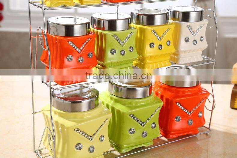ceramic canister set with stainless metal stand