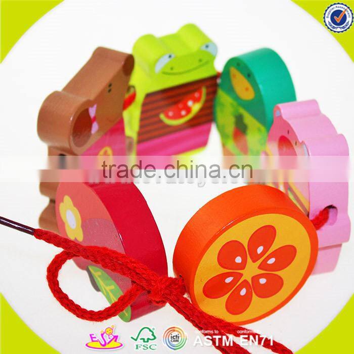 wholesale wooden happy threading toy for Kids, beautiful DIY wooden multitype blocks threading toy for children W11E041