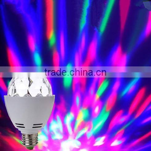 Hot selling Auto Mini Party Induction Light LED Bulbs E27 3W Bulb Full Color RGB LED Plastic Rotating Lamp with Remote Control