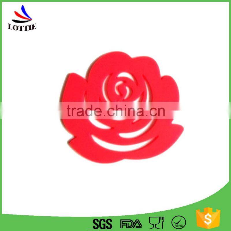 FDA&LFGB standard food-grade red rose shape silicone insulation coaster