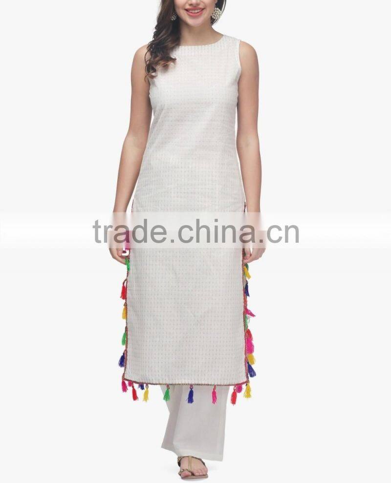 Latest Elegant Off White Printed Sleeveless Pathani Kurta With Pom Pom Trim Designer Long Kurti Designs HSd5016