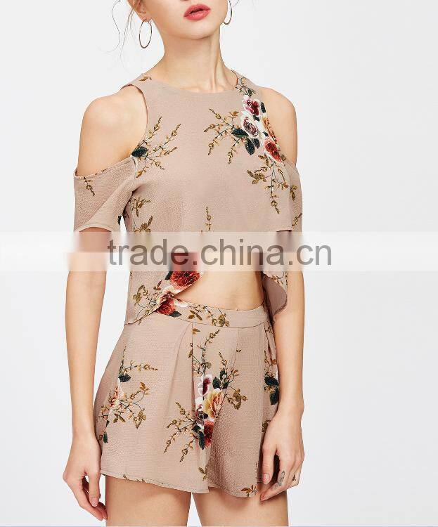 Two piece set women clothing floral print cold shoulder crop split top with shorts
