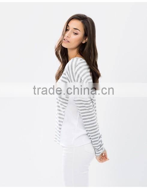 wholesale blank drop shoulder sleeves striped jersey 100% viscose t-shirt for women