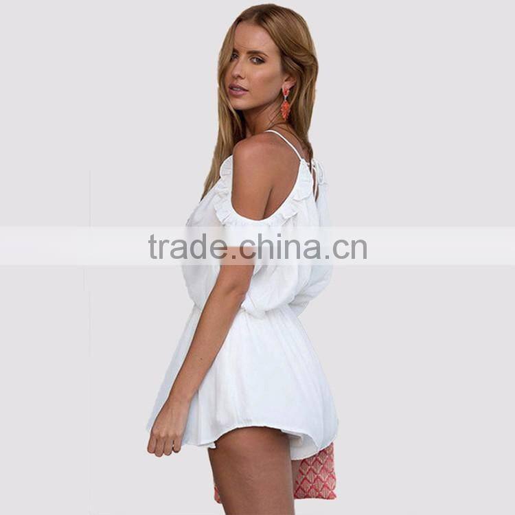 HAODUOYI Women V Neck Halter Neck Stretch Waistband Off Shoulder Culotte Jumpsuit