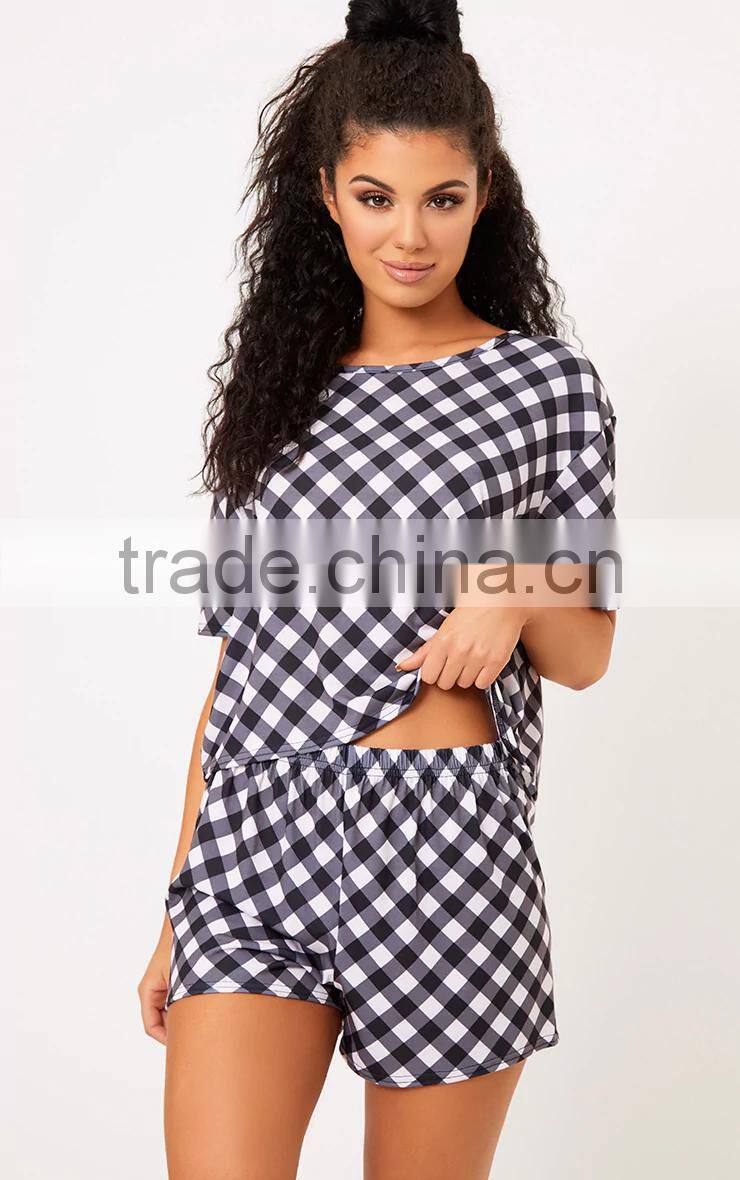 Custom Design Women Summer Pajamas Black Gingham Pyjama Plaid PJ Set