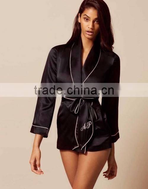 Logo Embroidered Bridal Robe Custom Color Smooth And Soft Artificial Silk Pyjama Contrast Piping Satin Sleepwear