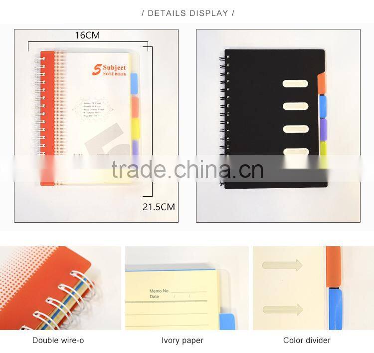 Transparent PVC cover spiral binding notebook cheap student exercise notebook custom diary notebook with index tab