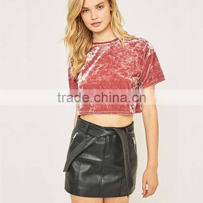 Slight blink crushed velvet O-neck short sleeves cropped t shirt tank tops