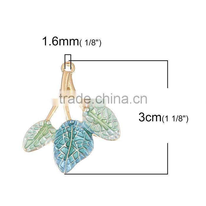Zinc Based Alloy Enamel Flower Garden Style Pendants Leaf Gold Plated Light Green
