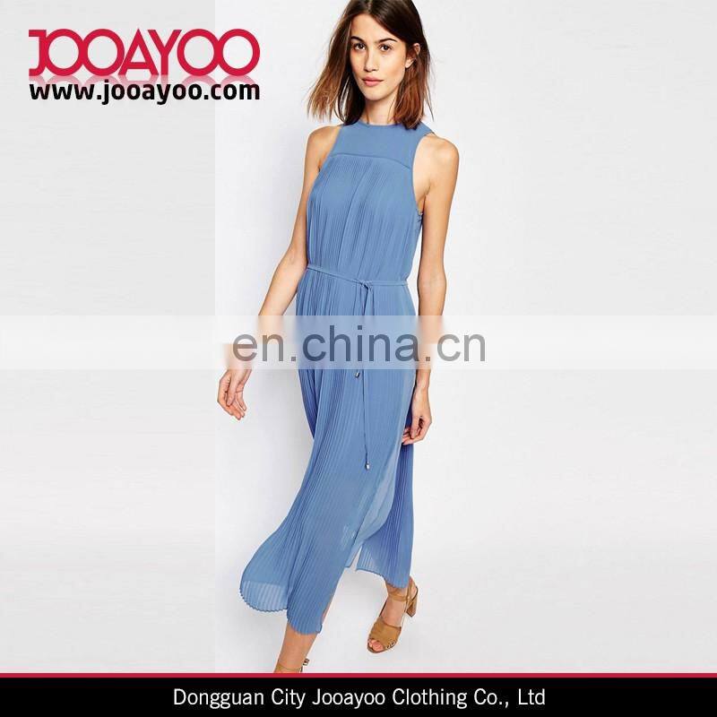 Chiffon High Neckline Slim Waist Leg Splits Back Button Midi Dress For Women