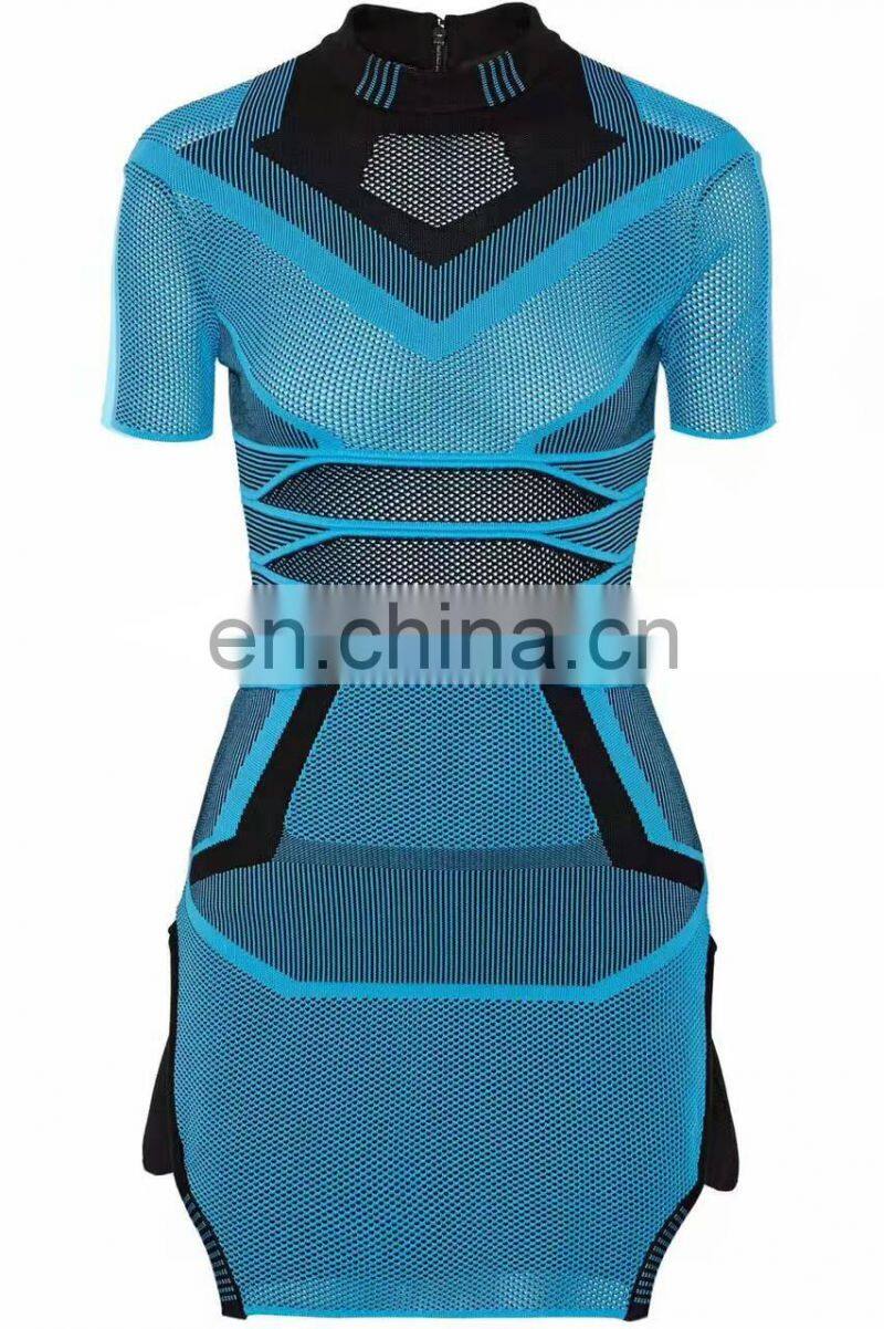 Amigo 2017 latst blue short sleeve jacquard weave sexy bandage dress evening dresses for girls party wear