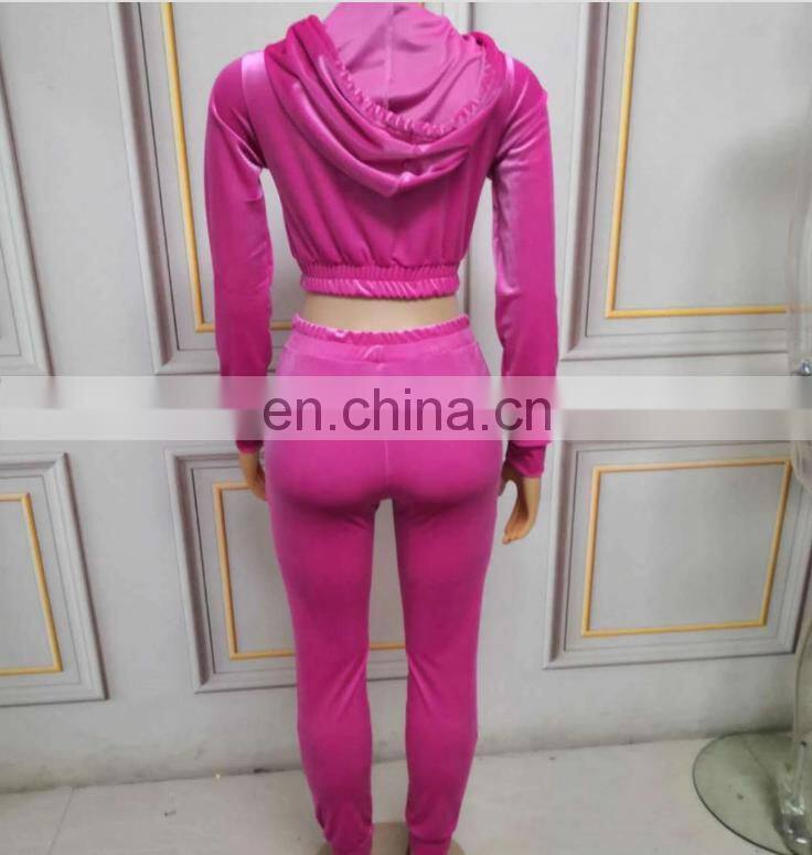 New Fashion Women Autumn Winter Casual Fleece Zipper Hooded Short Tops Long Sleeve Tops + Pants Suit pants set two piece set