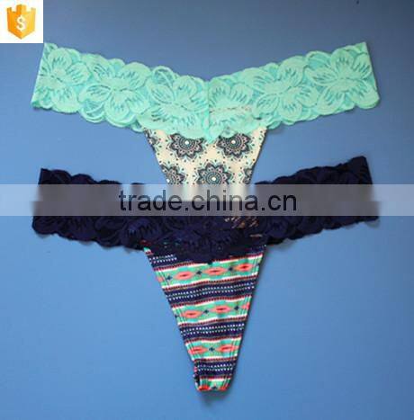 Women Sexy Underwear, Microfiber Printed and Lace Thong, Women Panties