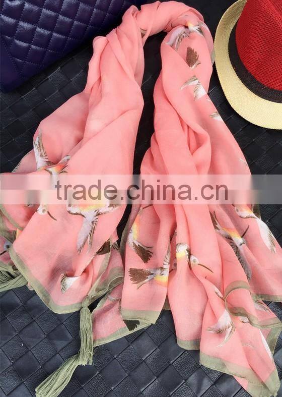 Fashion Beautiful Bird Print Large Thin Plain Cotton Square Scarf with Tassels