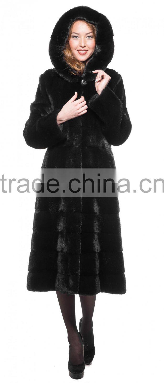emk1456 real natural mink fur coat with hood black knee-length