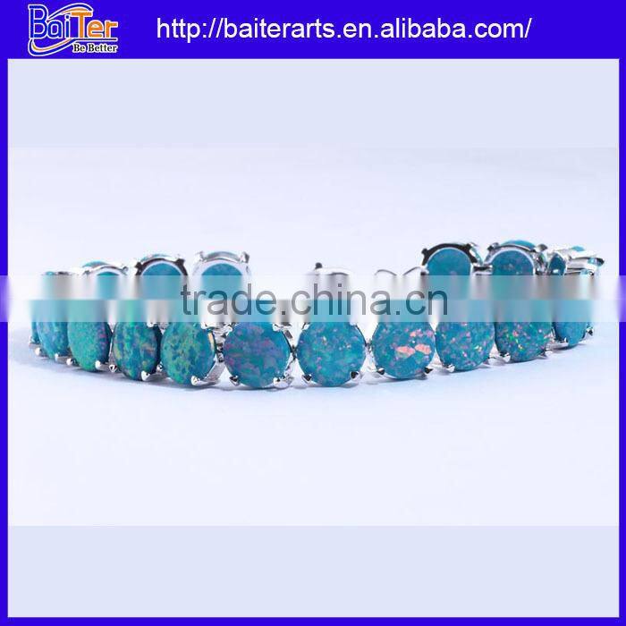 925 Sterling Silver Blue Inlay Opal Hamsa Hand Link Bracelet