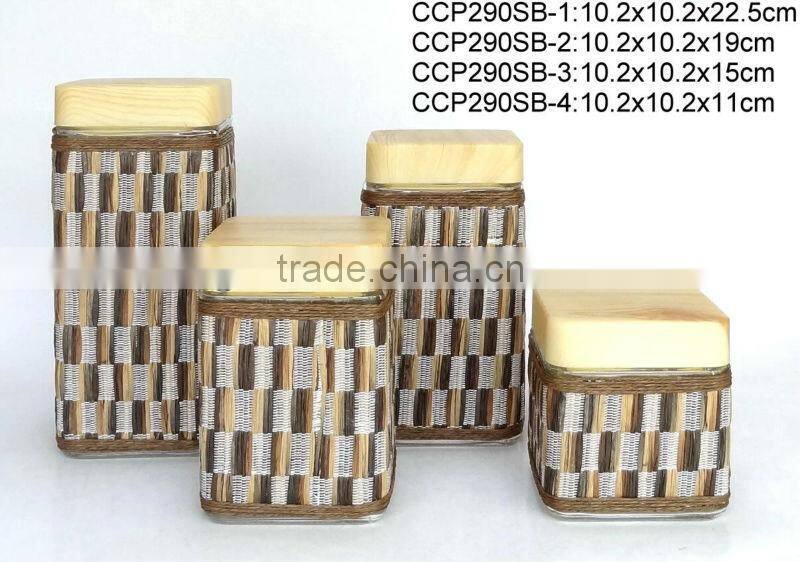 CCP358SB2 square glass jar with weaved coating