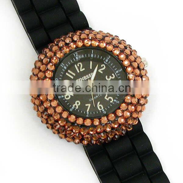 Nobby Fashion Colorful Geneva Lady/Women/Girl Jelly Silicone Quartz Wrist Watch with diamond Black