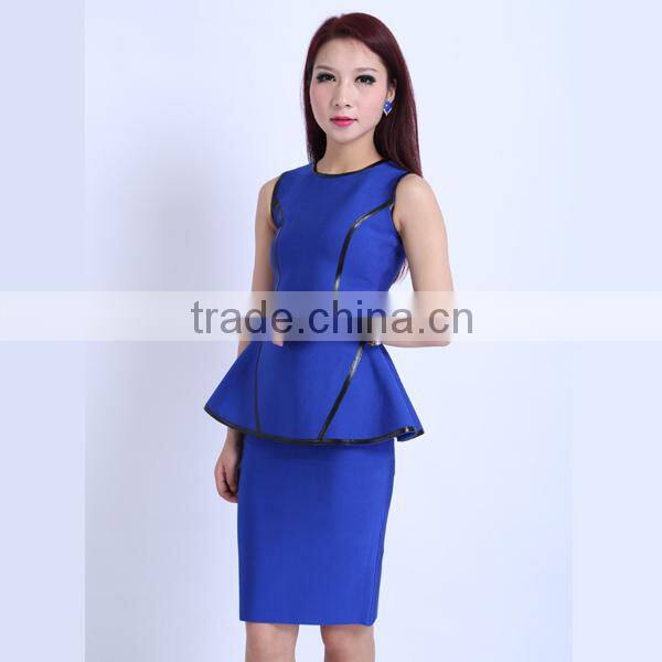 Elegant one piece blue ruffle office bandage dress for ladies