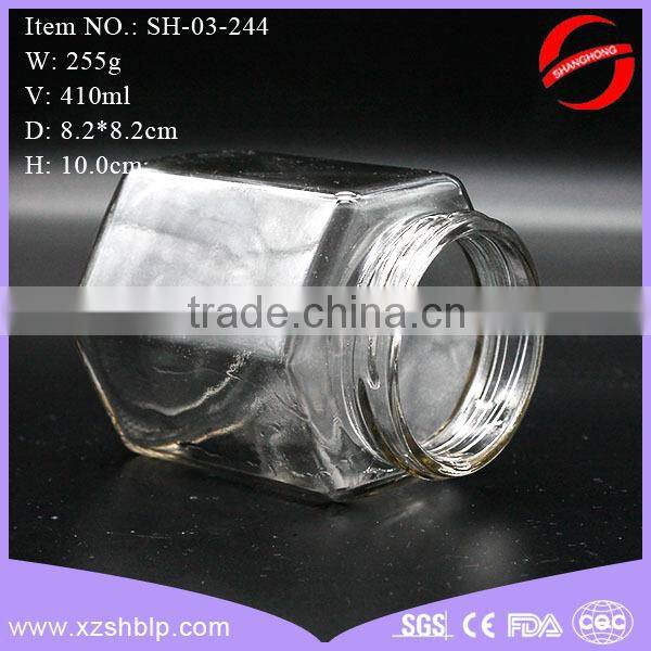 410ml hexagon glass jam jar with metal lid for storage