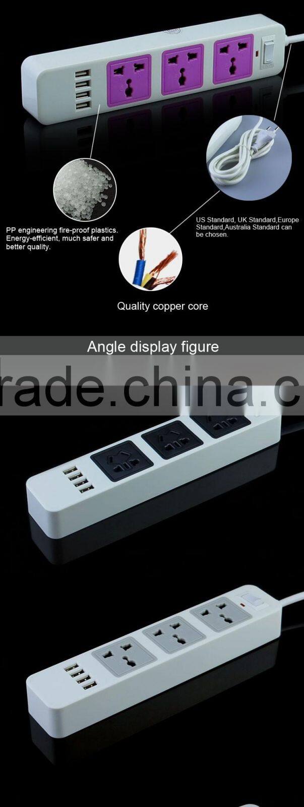 4 usb 3-pin plug retractable extension pvc multiple power socket with switch