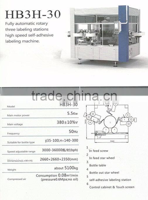 HB3H-30 Fully Automatic Rotary Three Labeling Stations High Speed Self-adhesive Labeling Machine For Bottles