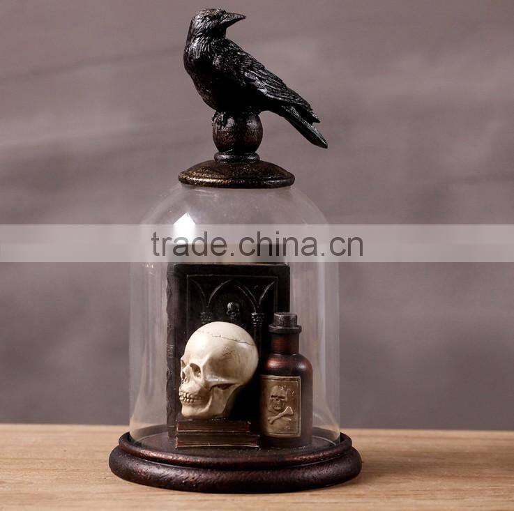 halloween skull and crow decoration with glass dome creepy gift