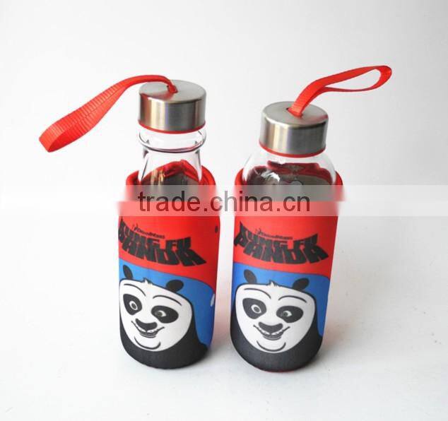 printed glass water bottle with protective sleeves and ribbon