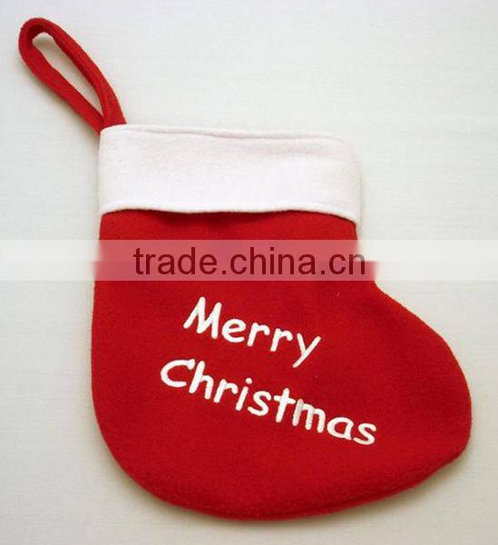 China factory cute mini fabric sock wool felt Santa stocking hangers with printed merry Christmas stars for baby's gift