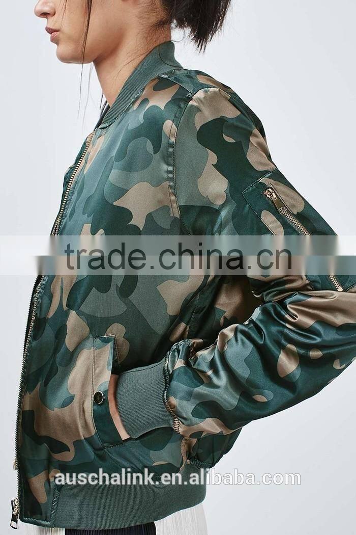 hot sale lady shiny camo print bomber jackets customized china