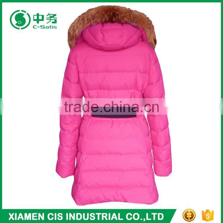 Fashion Style Winter Fur Collar Pink Long Style Duck Down Jacket for Women