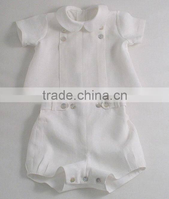 Old European Frocks Designs Baby Clothes Plain White Linen/Cotton Blend Baby Boys Boutique Clothing Set