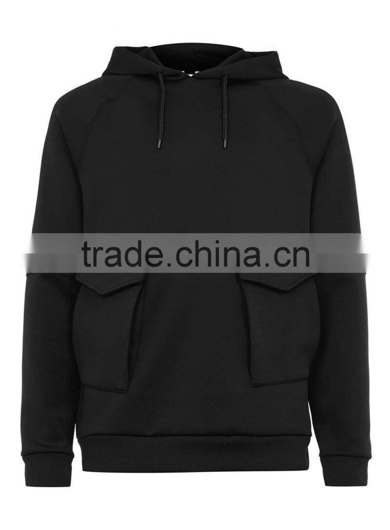 Classic fit custom made black hoodie wholesale front pockets plain hoodies for men 2016