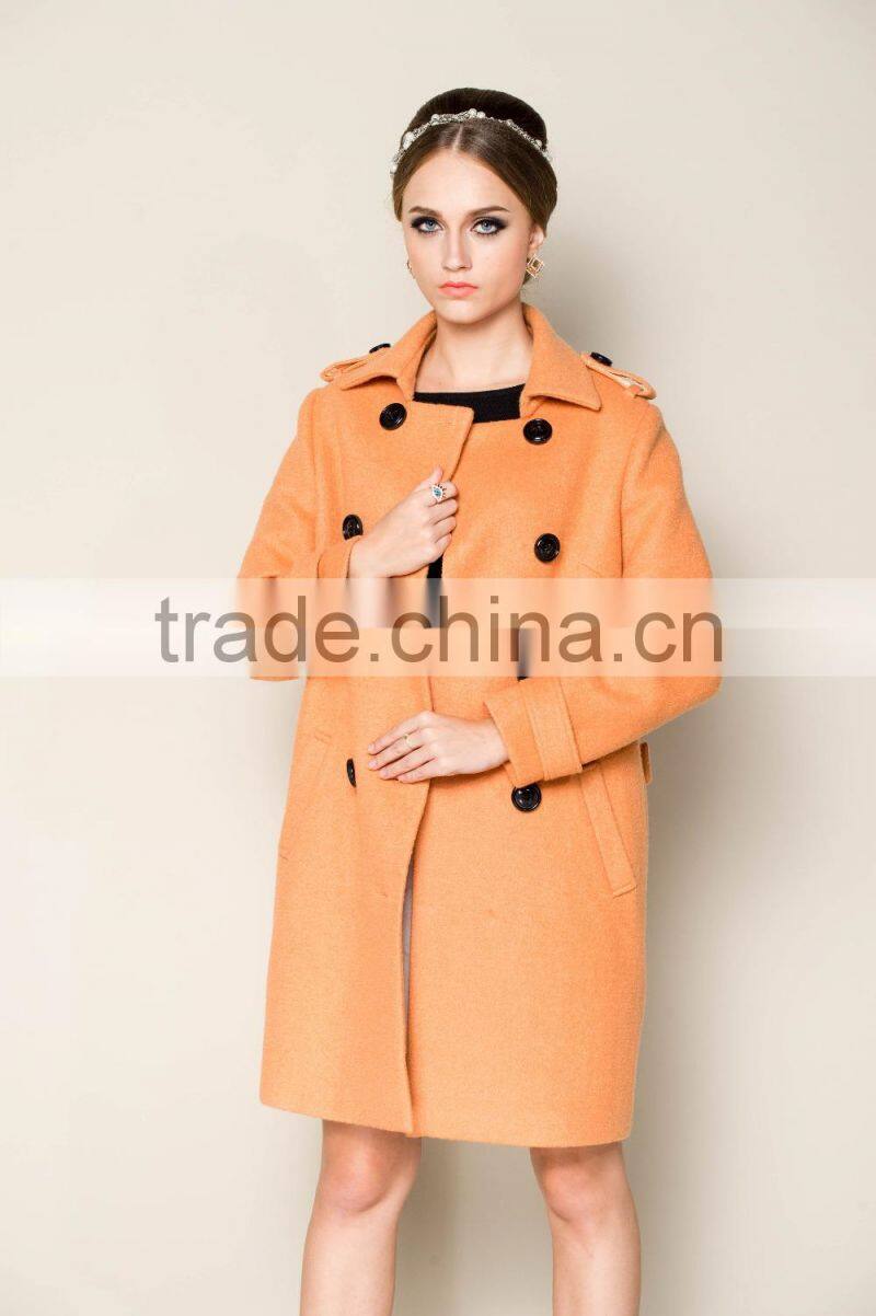 latest 2015 thick warm lovely pink women office coat with double breasted design