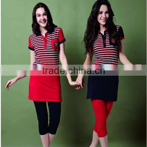 Women polo collar yarn dyed striped pajama with pocket design ladies pajama set