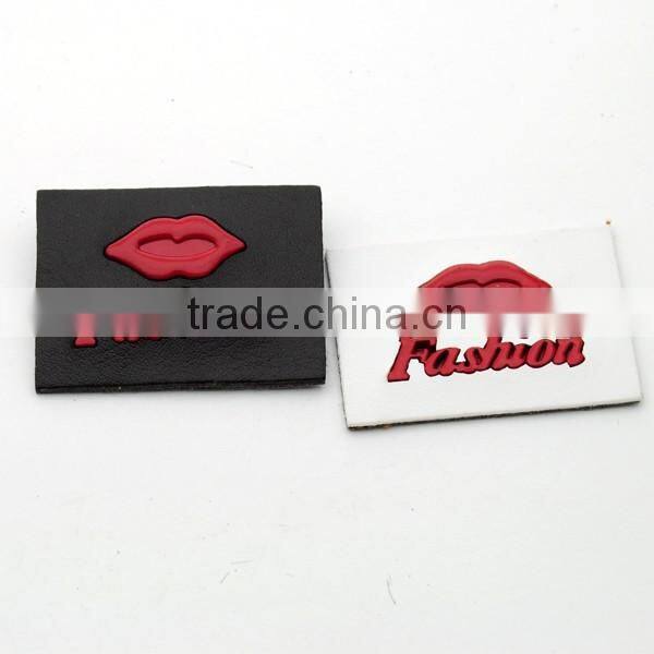 Black/white PU leather sew on patches with red metal lips plates fashion clothing label for jeans/jacket PLB-012