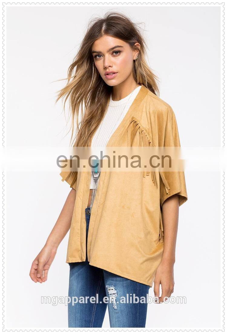 OEM high quality oversized half sleeves fringe faux suede jacket