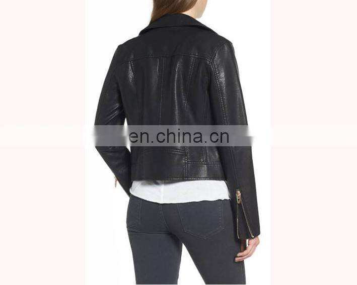 High Quality Custom Your Deisgn Women Fashion Motocycle Biker Black Short Genuine Leather Jacket Made in China
