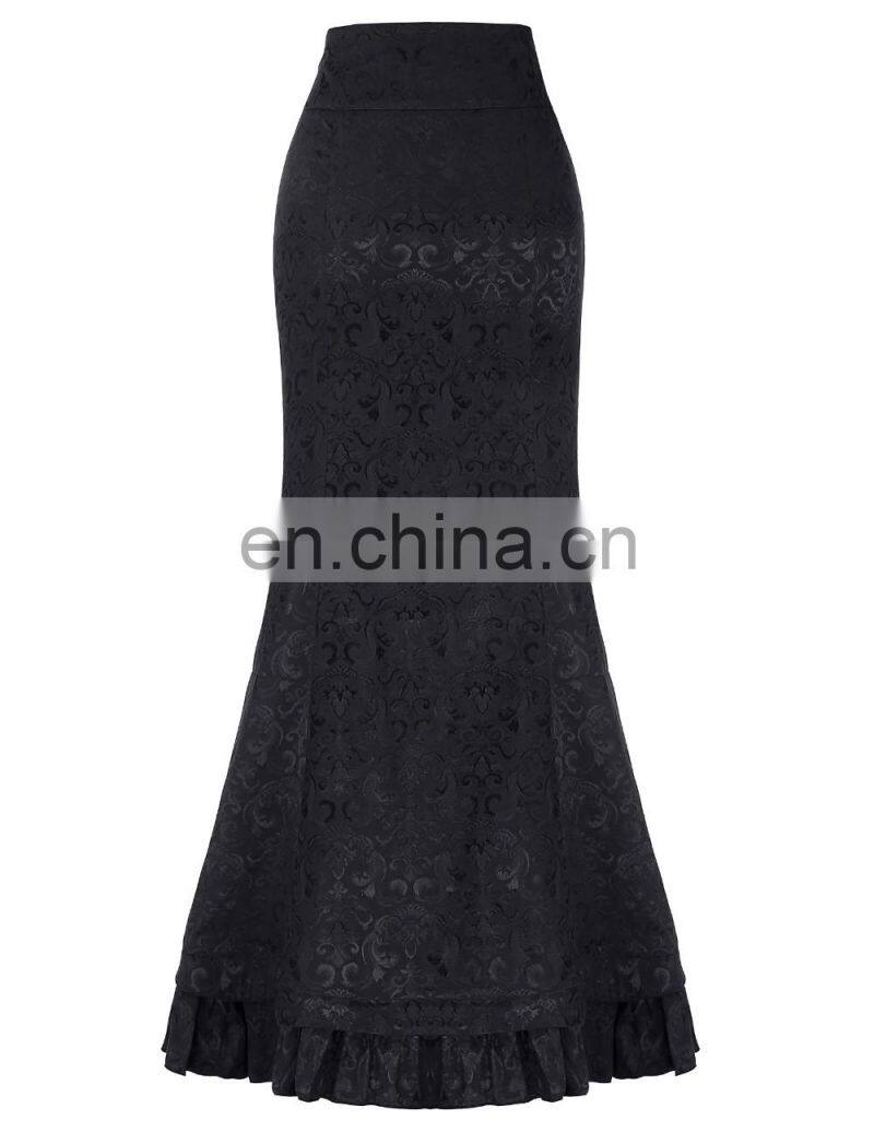Belle Poque Women Vintage Retro Victorian Style Ruffled Jacquard Fishtail Mermaid Black Long Maxi Skirt BP000204-1