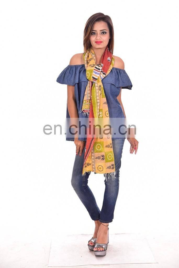 Cotton Kantha Vintage Scarf Reversible Sari Stole Hijab Bandana Shawl