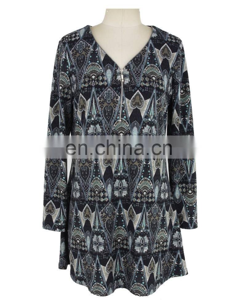 2017 Bysance Print Brushed Zipper Front old Women Tunic Guangzhou Supplier