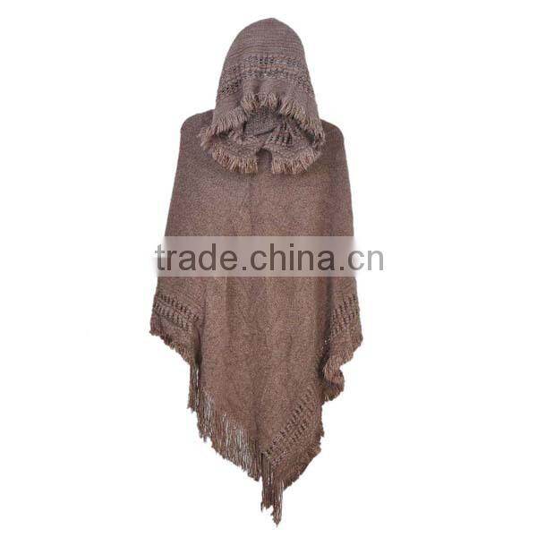 2015 women fashion warm fur hooded crochet knit poncho sweater with collar