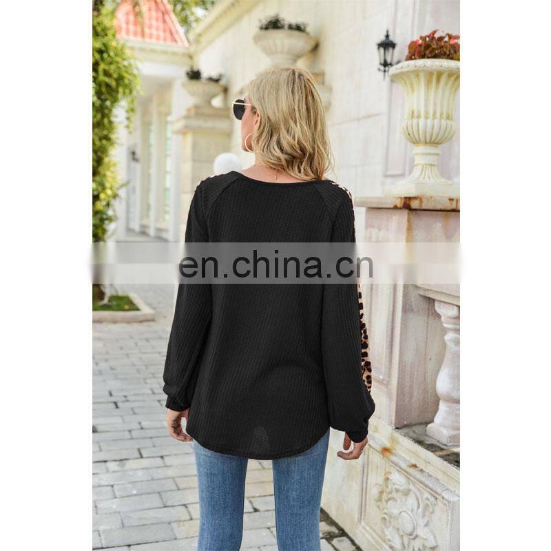 Custom logo spring and autumn women's Amazon autumn and winter new long-sleeved waffle leopard print stitching T-shirt