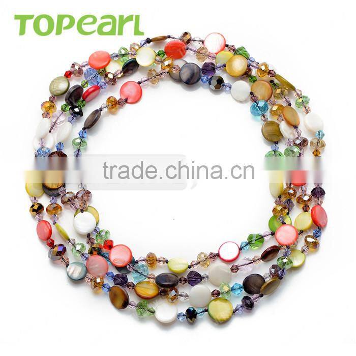 Multicolor Coin Shell Beads with Crystal Necklace 60 Inch Long GN162