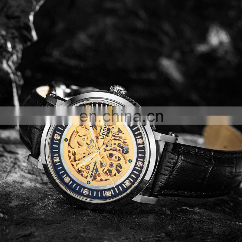 Utime Genuine Leather 10ATM Waterproof Automatic Luminous Mechanical Wristwatch Men Skeleton Mechanical Watch U0029G