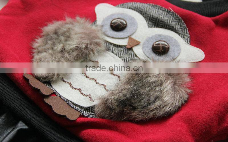 cute owl pics girls set long sleeve t shirt with black leather skirt red black 2 colors fashion children set
