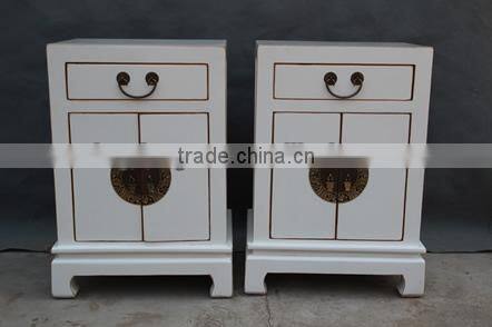 Chinese antique reproduction wooden white small bedside cabinet